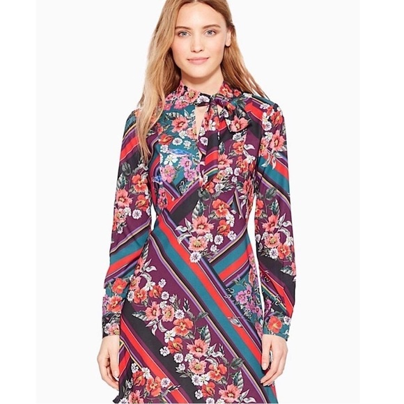 PARKER Madison Stripe Dress Floral Shift Dress Neck Tie Long Sleeve Sz 4 NEW - Picture 1 of 13